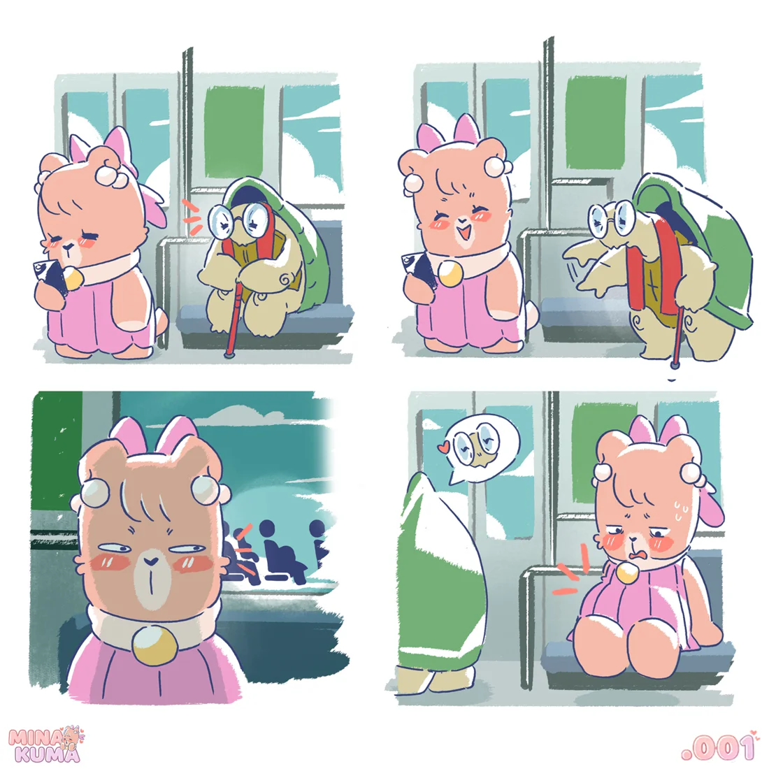 Mina Kuma comic: Mina on a Tokyo train next to a turtle